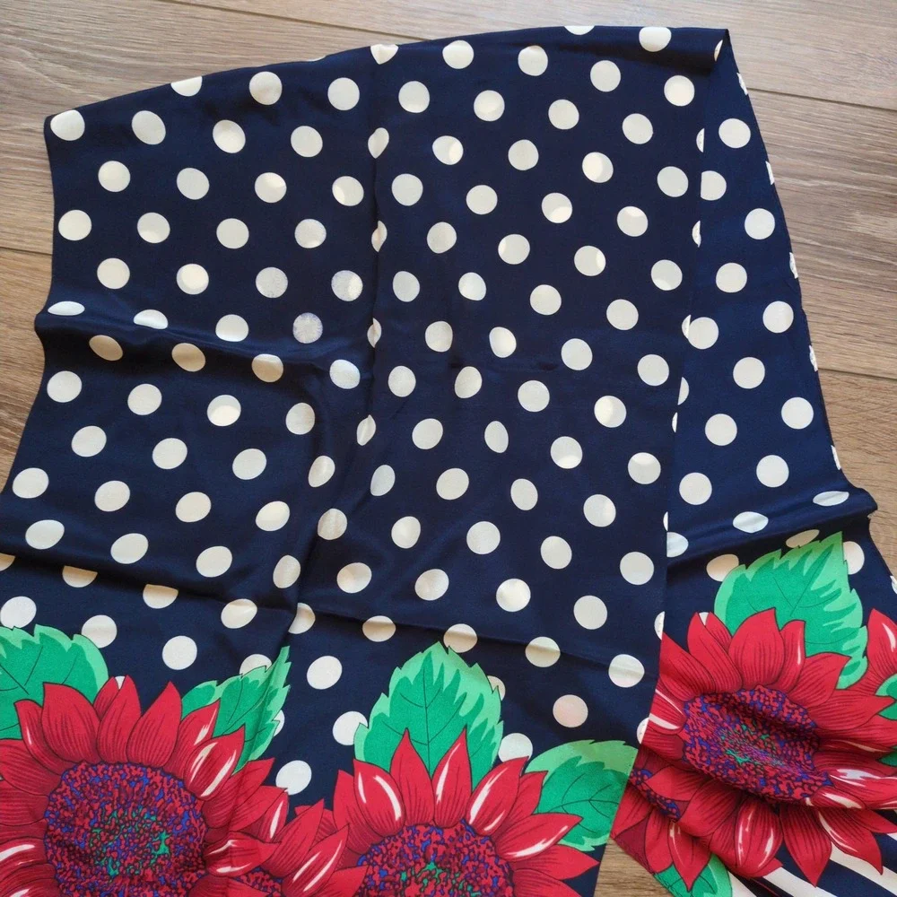Vtg Liz Claiborne Graphic Floral Silk Scarf -‎ Stripes Polka Dot Red White Black